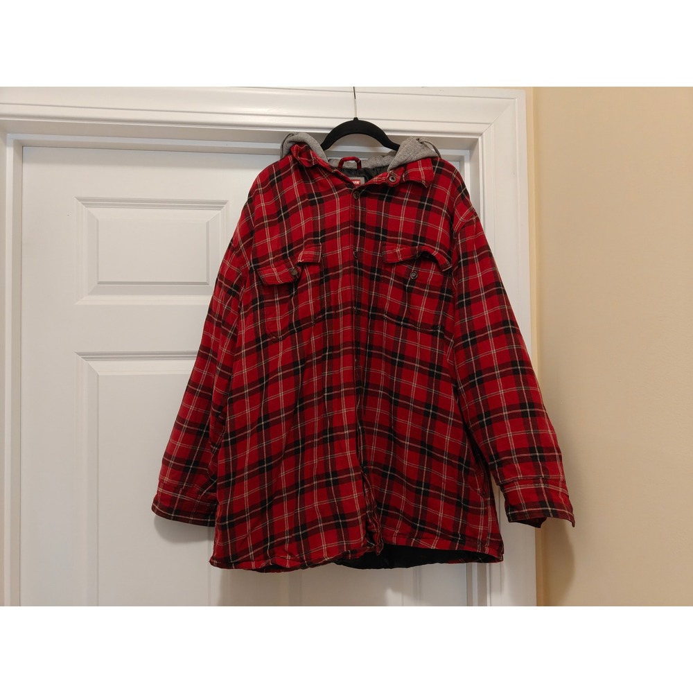 Craftsman Mens‎ XL Red Black Plaid Hooded Flannel Shirt Jacket Quilted Lining F7
